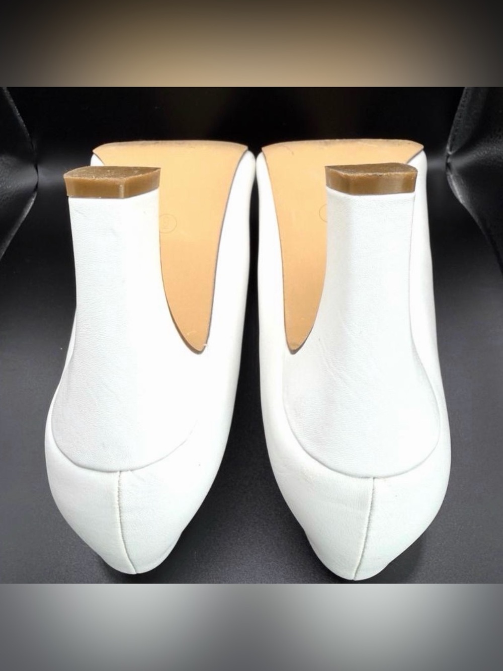 White Block Heel Pumps Pointed Toe Sz 9 Faux Leather Classic Work Wedding Shoes